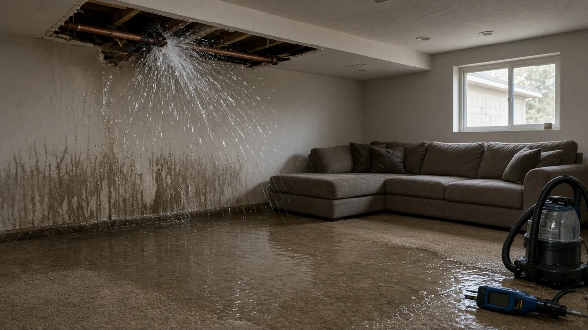 Burst pipe spraying water into a flooded finished basement